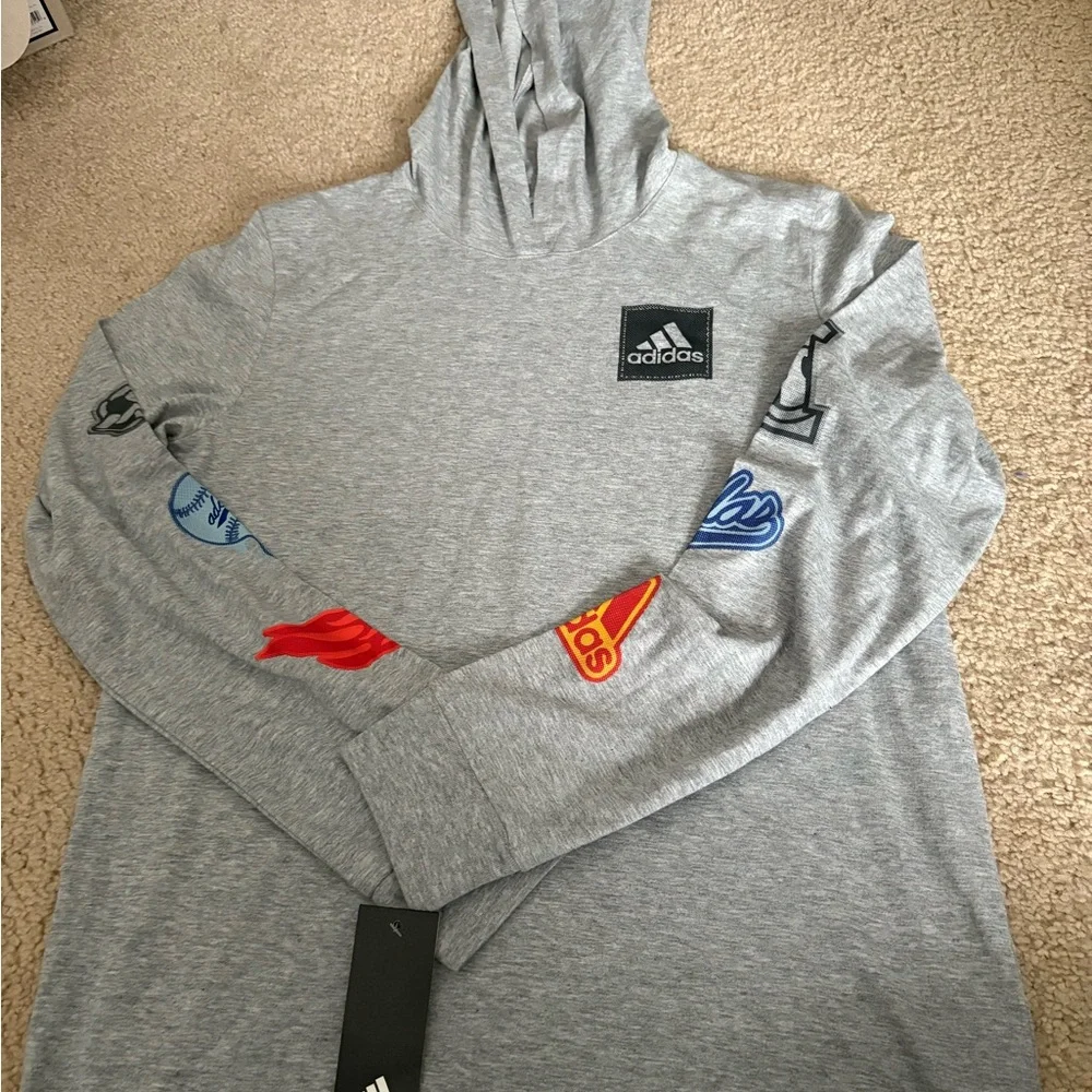 Adidas Gray Long Sleeve Hooded Tee with Graphic Patches - Picture 1 of 4